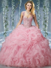 Elegant Brush Train Big Puffy Sweet 16 Dresses  with Beading and Ruffles