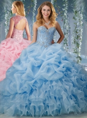 Elegant Brush Train Big Puffy Sweet 16 Dresses with Beading and Ruffles