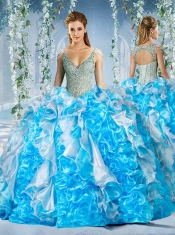 Exclusive Blue and White Quinceanera Dress in Beaded Decorated Cap Sleeves