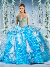 Exclusive Blue and White Quinceanera Dress in Beaded Decorated Cap Sleeves