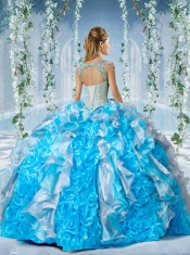 Exclusive Blue and White Quinceanera Dress in Beaded Decorated Cap Sleeves