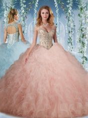 Exclusive Deep V Neck Peach Quinceanera Dress With Beading and Ruffles