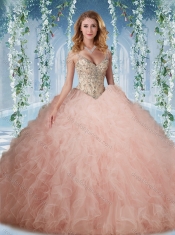 Exclusive Deep V Neck Peach Quinceanera Dress With Beading and Ruffles