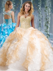 Fashionable Organza and Rolling Flowers Big Puffy Sweet 16 Dresses in Champagne and White