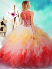 Fashionable See Through Beaded and Ruffled Sweet 16 Dresses in Rainbow Colored