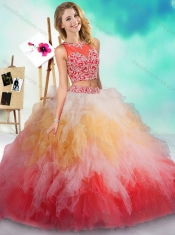 Fashionable See Through Beaded and Ruffled Sweet 16 Dresses in Rainbow Colored