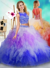 Fashionable See Through Beaded and Ruffled Sweet 16 Dresses in Rainbow Colored