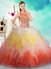Fashionable See Through Beaded and Ruffled Sweet 16 Dresses in Rainbow Colored