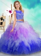 Fashionable See Through Beaded and Ruffled Sweet 16 Dresses in Rainbow Colored