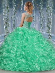 Gorgeous Beaded and Ruffled Big Puffy Quinceanera Dress in Aqua Blue