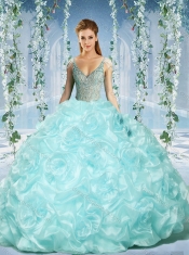 Gorgeous Cap Sleeves Beaded Light Blue Sweet 16 Dresses with Deep V Neck