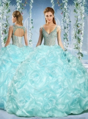 Gorgeous Cap Sleeves Beaded Light Blue Sweet 16 Dresses with Deep V Neck