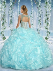 Gorgeous Cap Sleeves Beaded Light Blue Sweet 16 Dresses with Deep V Neck