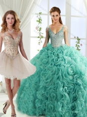 Gorgeous Rolling Flowers Deep V Neck Detachable Quinceanera Dresses with Cap Sleeves