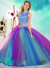 Lovely Beaded Scoop Tulle Detachable Quinceanera Gown in Rainbow Colored