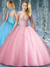 Lovely Pink Big Puffy Beaded Quinceanera Dress with Brush Train