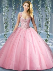 Lovely Pink Big Puffy Beaded Quinceanera Dress with Brush Train