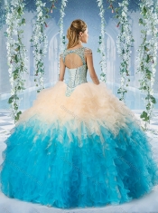 Modest Beaded Decorated Cap Sleeves Quinceanera Dress in Blue and Champagne