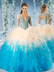 Modest Beaded Decorated Cap Sleeves Quinceanera Dress in Blue and Champagne