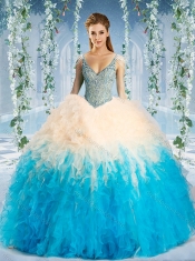 Modest Beaded Decorated Cap Sleeves Quinceanera Dress in Blue and Champagne