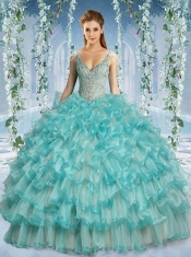 Popular Deep V Neck Big Puffy Cheap Quinceanera Dresses with Beaded Decorated Cap Sleeves