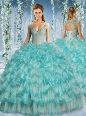 Popular Deep V Neck Big Puffy Cheap Quinceanera Dresses with Beaded Decorated Cap Sleeves