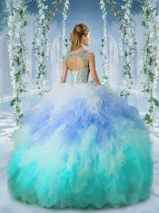 Rainbow Deep V Neck Cap Sleeves Quinceanera Dress with Beading and Ruffles