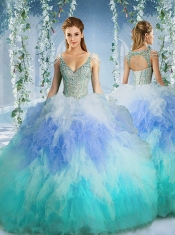 Rainbow Deep V Neck Cap Sleeves Quinceanera Dress with Beading and Ruffles