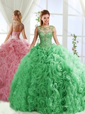 See Through Beaded Scoop Detachable Quinceanera Dresses with Rolling Flower
