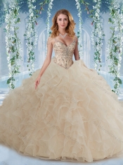 The Super Hot Beaded Decorated Cap Sleeves Sweet 16 Dresses  with Deep V Neck