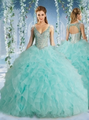 The Super Hot Beaded Decorated Cap Sleeves Sweet 16 Dresses with Deep V Neck