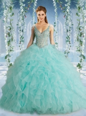 The Super Hot Beaded Decorated Cap Sleeves Sweet 16 Dresses  with Deep V Neck