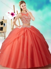 Two Piece See Through Beaded Quinceanera Dress in Orange Red
