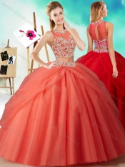 Two Piece See Through Beaded Quinceanera Dress in Orange Red