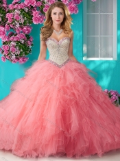 Affordable Beaded and Ruffled Organza Quinceanera Gown with Big Puffy