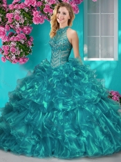 Beautiful Halter Top Beaded and Ruffled Sweet 16 Dress in Royal Blue
