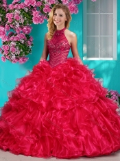 Beautiful Halter Top Beaded and Ruffled Sweet 16 Dress in Royal Blue