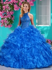 Beautiful Halter Top Beaded and Ruffled Sweet 16 Dress in Royal Blue