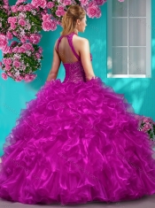 Beautiful Halter Top Beaded and Ruffled Sweet 16 Dress in Royal Blue