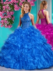 Beautiful Halter Top Beaded and Ruffled Sweet 16 Dress in Royal Blue Beautiful Halter Top Beaded and Ruffled Sweet 16 Dress in Royal Blue