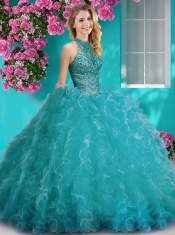 Cheap Halter Top Beaded and Ruffled Sweet 16 Dress with Puffy Skirt
