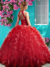Cheap Halter Top Beaded and Ruffled Sweet 16 Dress with Puffy Skirt