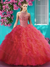 Cheap Halter Top Beaded and Ruffled Sweet 16 Dress with Puffy Skirt