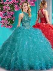 Cheap Halter Top Beaded and Ruffled Sweet 16 Dress with Puffy Skirt