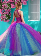Exclusive Halter Top Really Puffy Sweet 16 Dress with Beading and Appliques