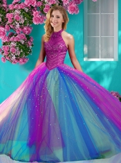 Exclusive Halter Top Really Puffy Sweet 16 Dress with Beading and Appliques