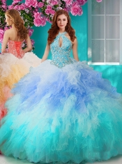 Exclusive Rainbow Halter Top Sweet 16 Dress with Beading and Ruffles
