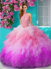 Exclusive Rainbow Halter Top Sweet 16 Dress with Beading and Ruffles