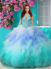Exclusive Rainbow Halter Top Sweet 16 Dress with Beading and Ruffles