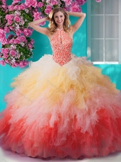 Exclusive Rainbow Halter Top Sweet 16 Dress with Beading and Ruffles